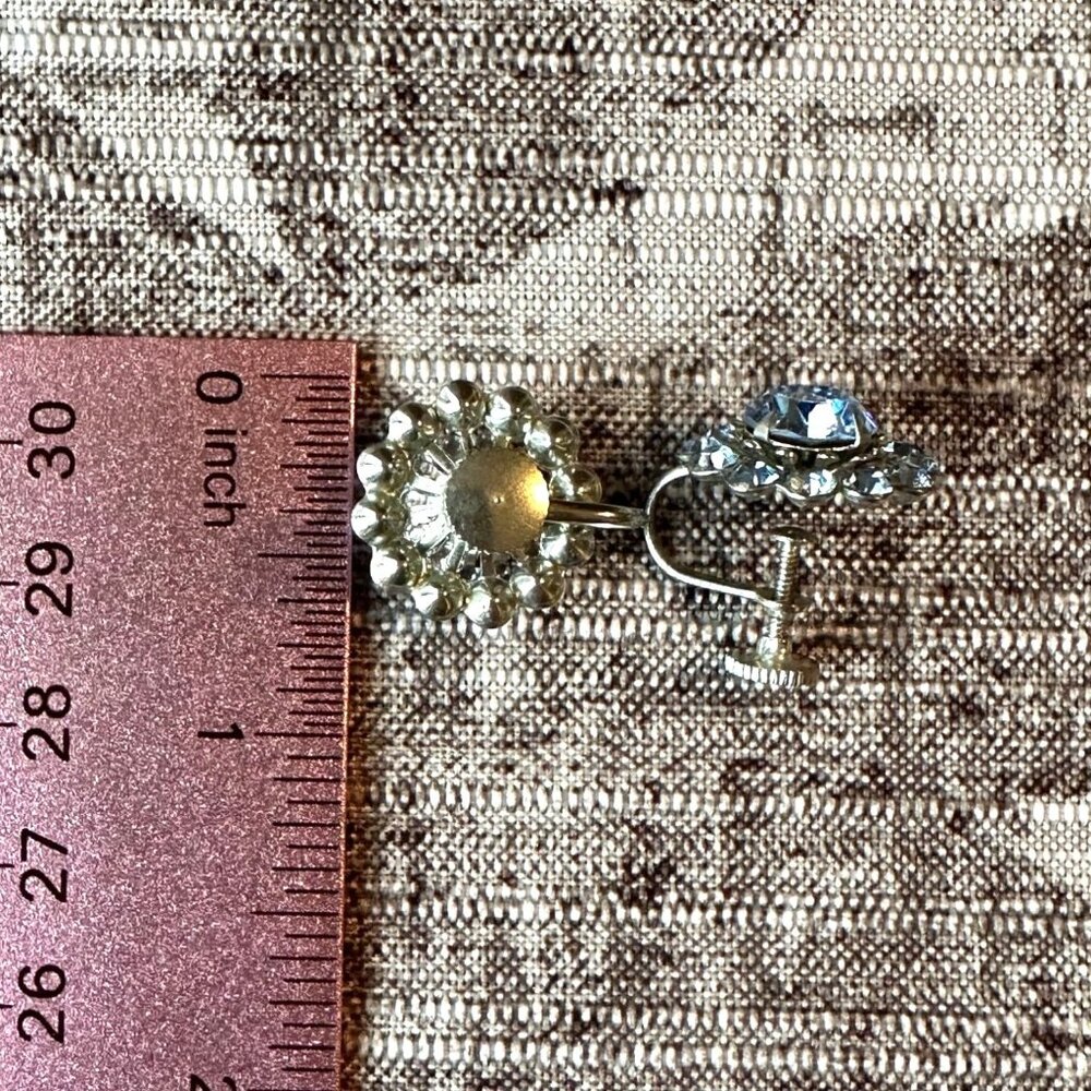 Vintage Screw Back Earrings With Light Blue Rhinestone Floral Design Mid-Century - Picture 4 of 8